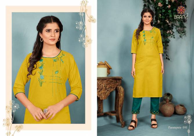 Baanvi Parampara 1 New Exclusive Wear Designer Cotton Embroidery Kurti With Pant Collection